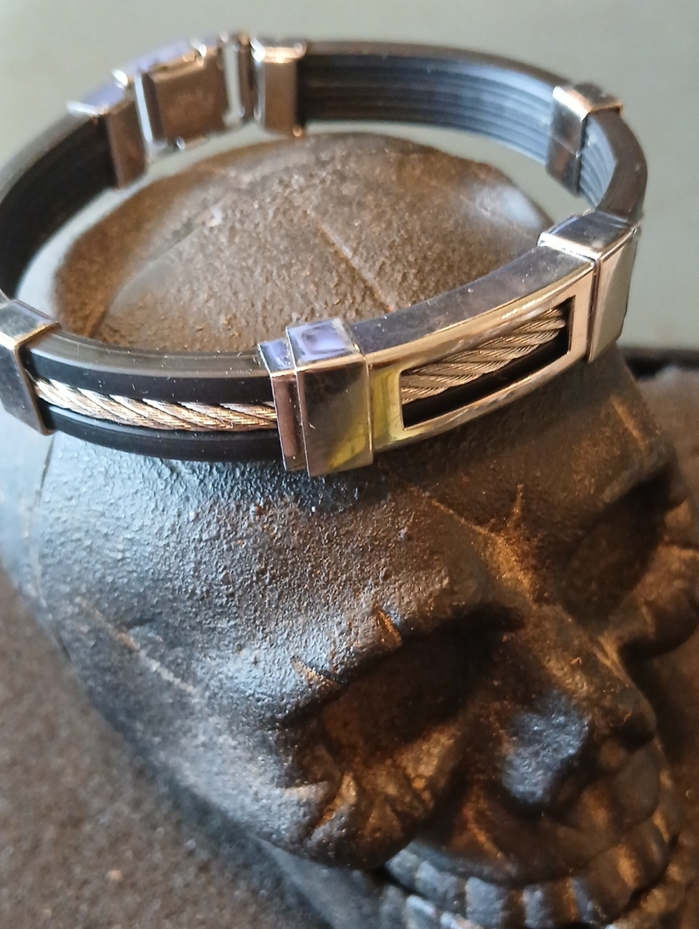 Men's Black and Silver Cable Accent Bracelet - Modern Stainless Style